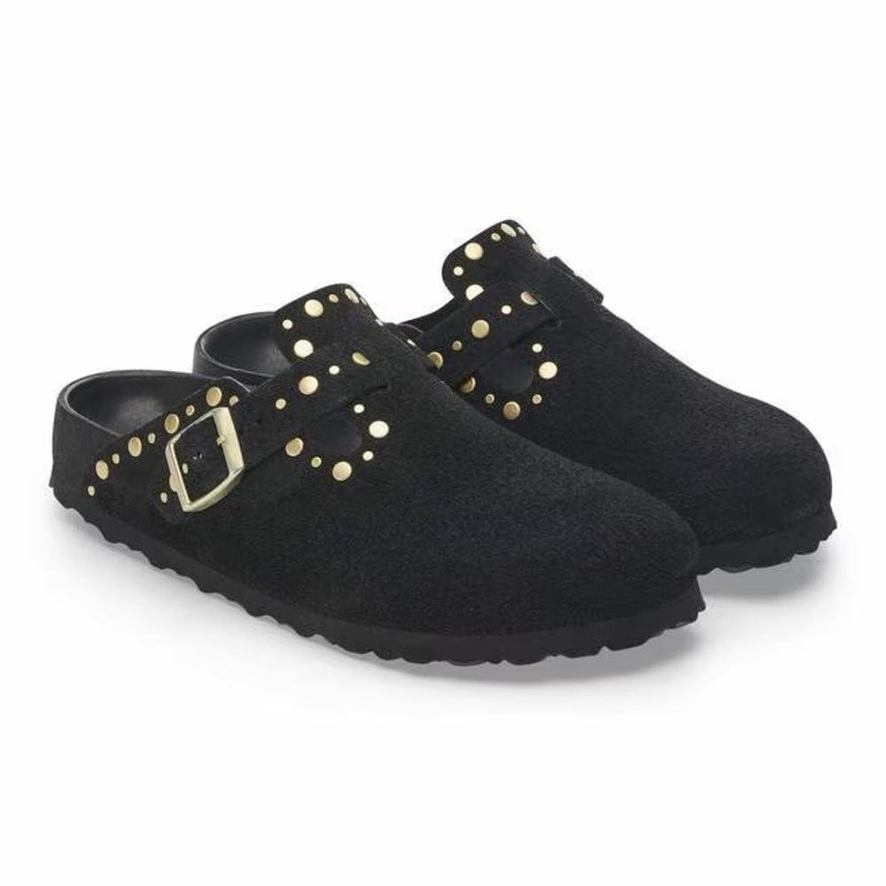 Birkenstock Black Suede Studded Clog Mule with Gold Buckles